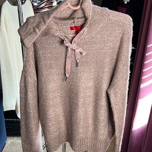 Cozy Taupe Sweater with Hood and Bow Detail